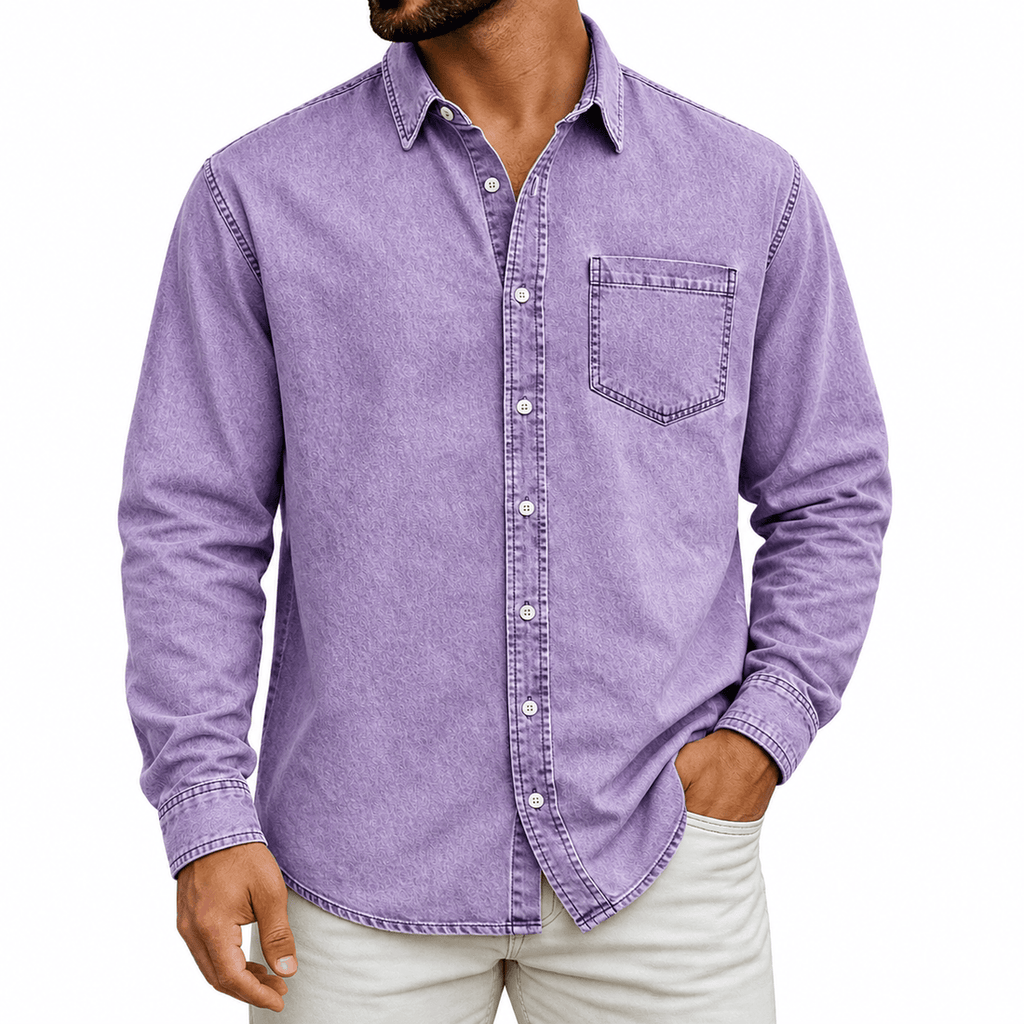 Washed Denim Button Up Shirt with Chest Pocket for Mens