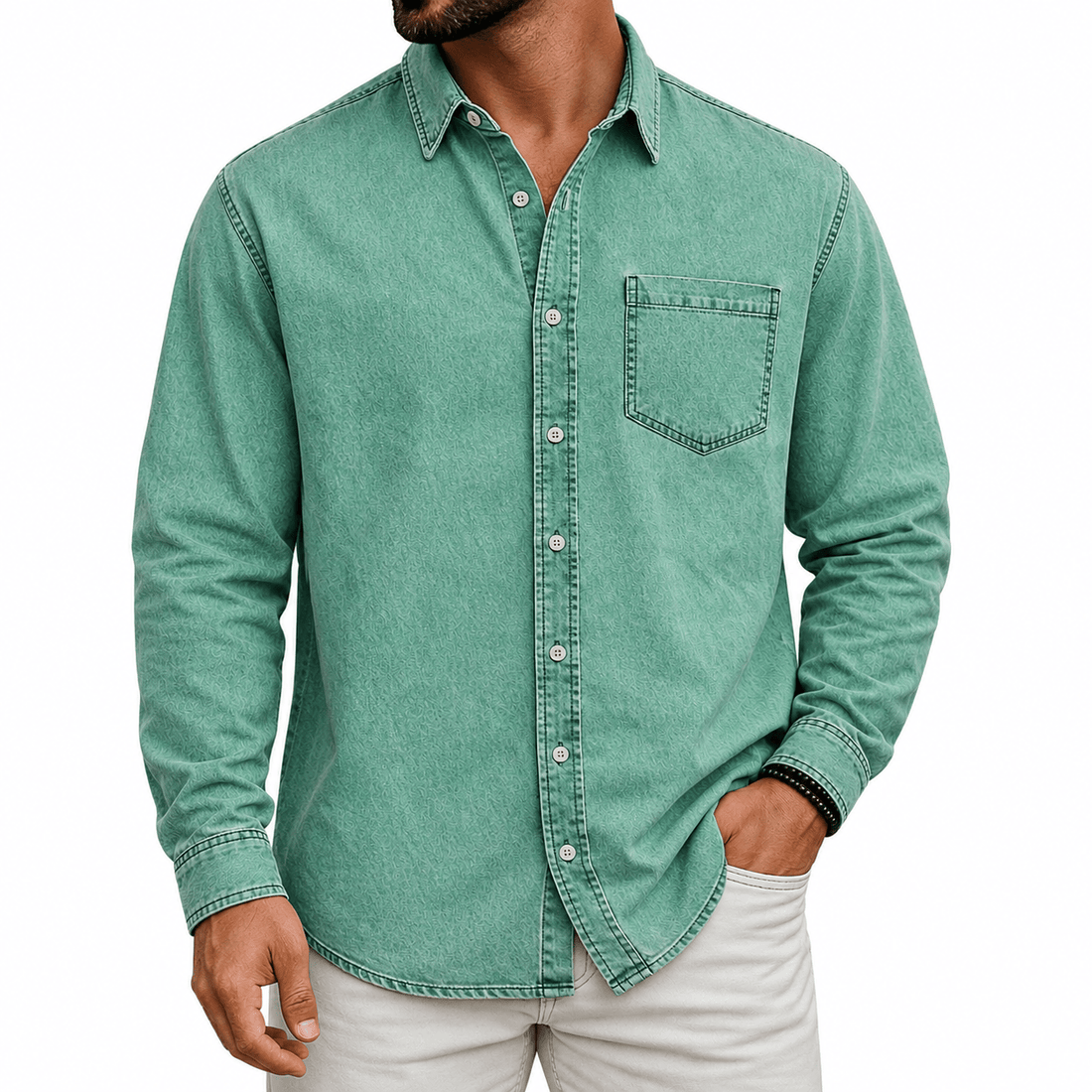 Washed Denim Button Up Shirt with Chest Pocket for Mens