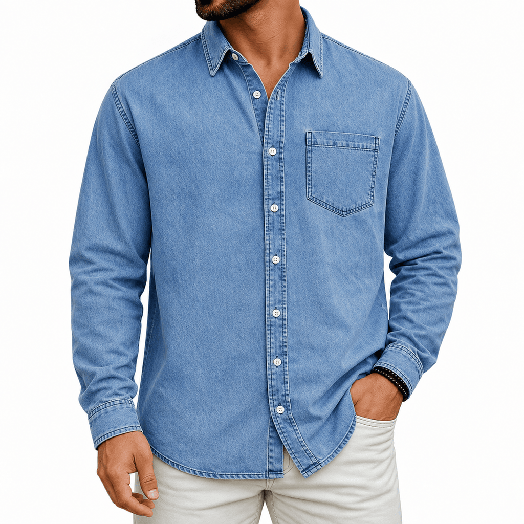 Washed Denim Button Up Shirt with Chest Pocket for Mens