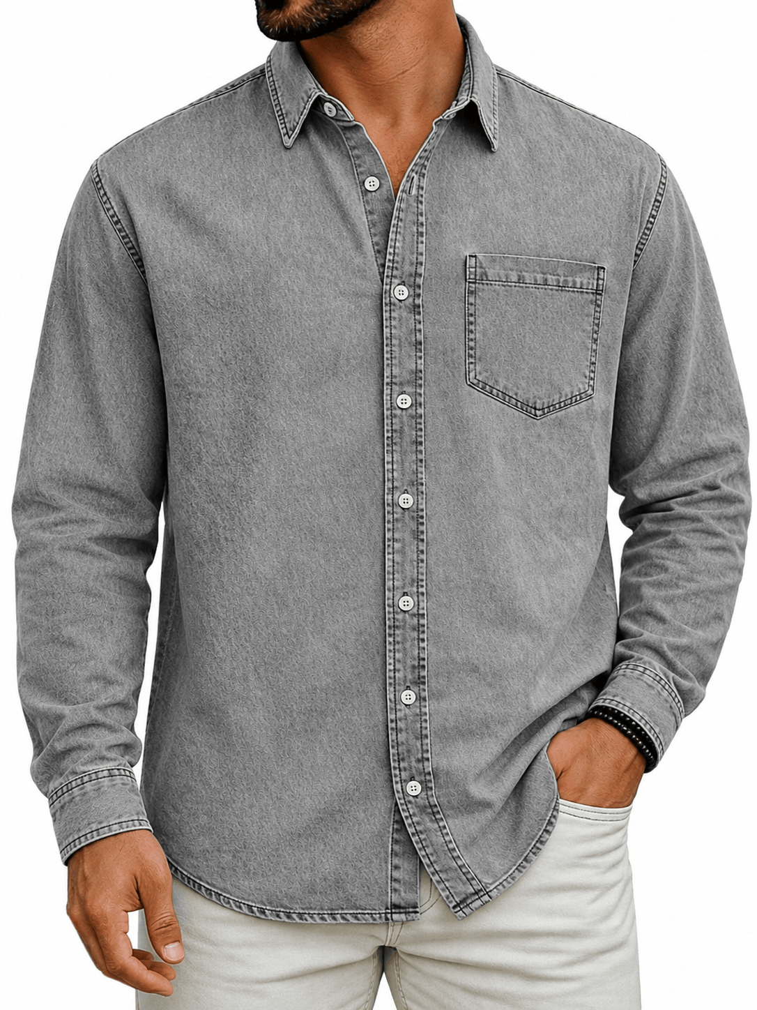 Washed Denim Button Up Shirt with Chest Pocket for Mens