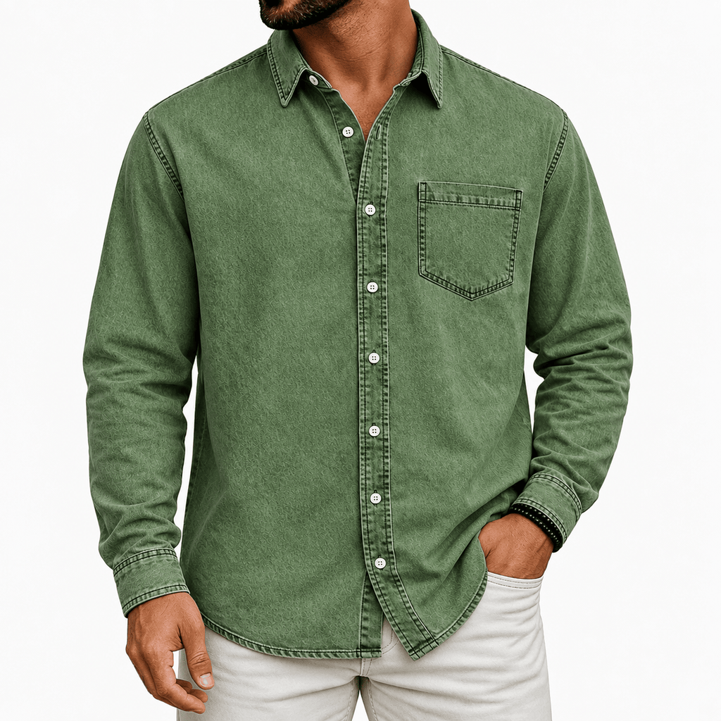 Washed Denim Button Up Shirt with Chest Pocket for Mens