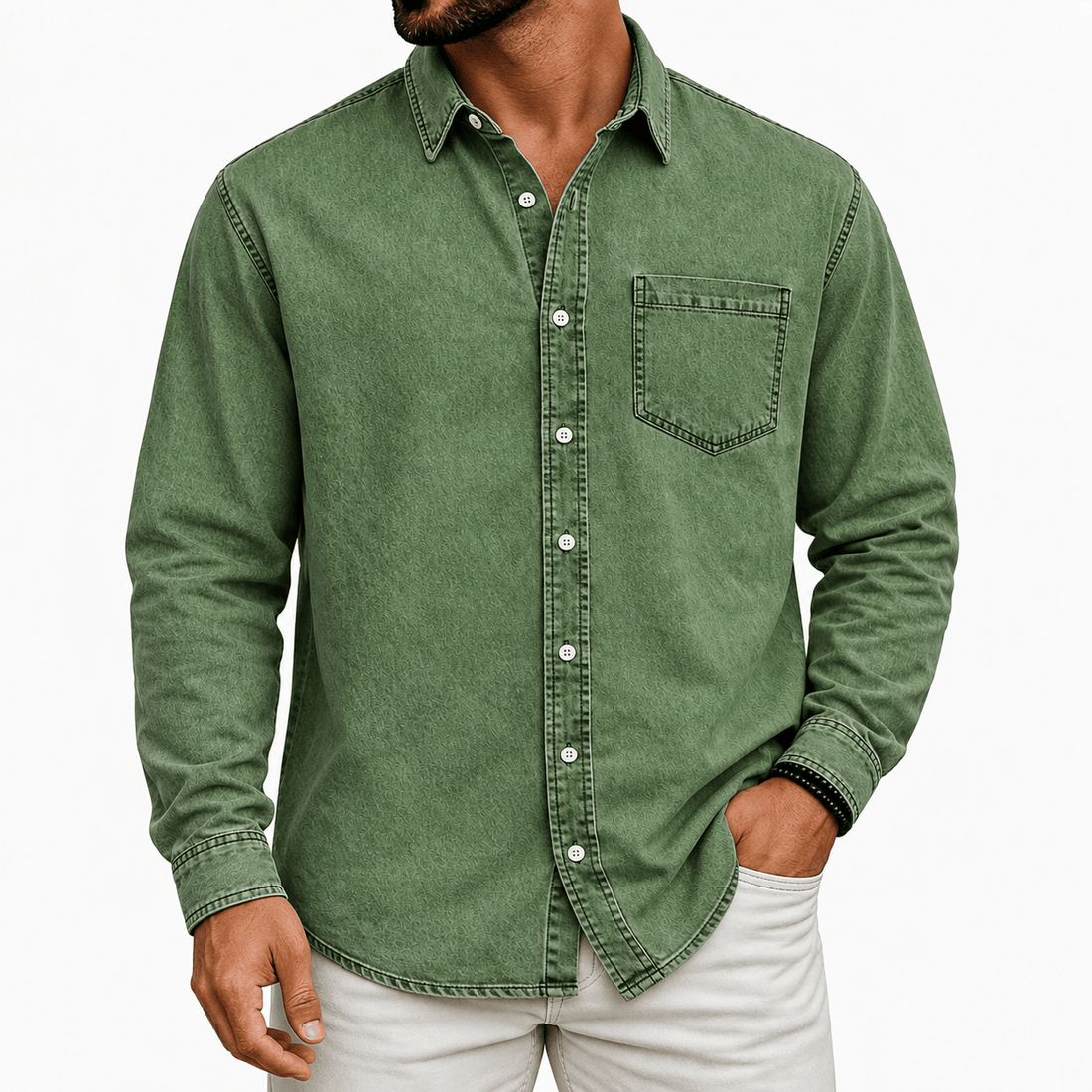 Washed Denim Button Up Shirt with Chest Pocket for Mens
