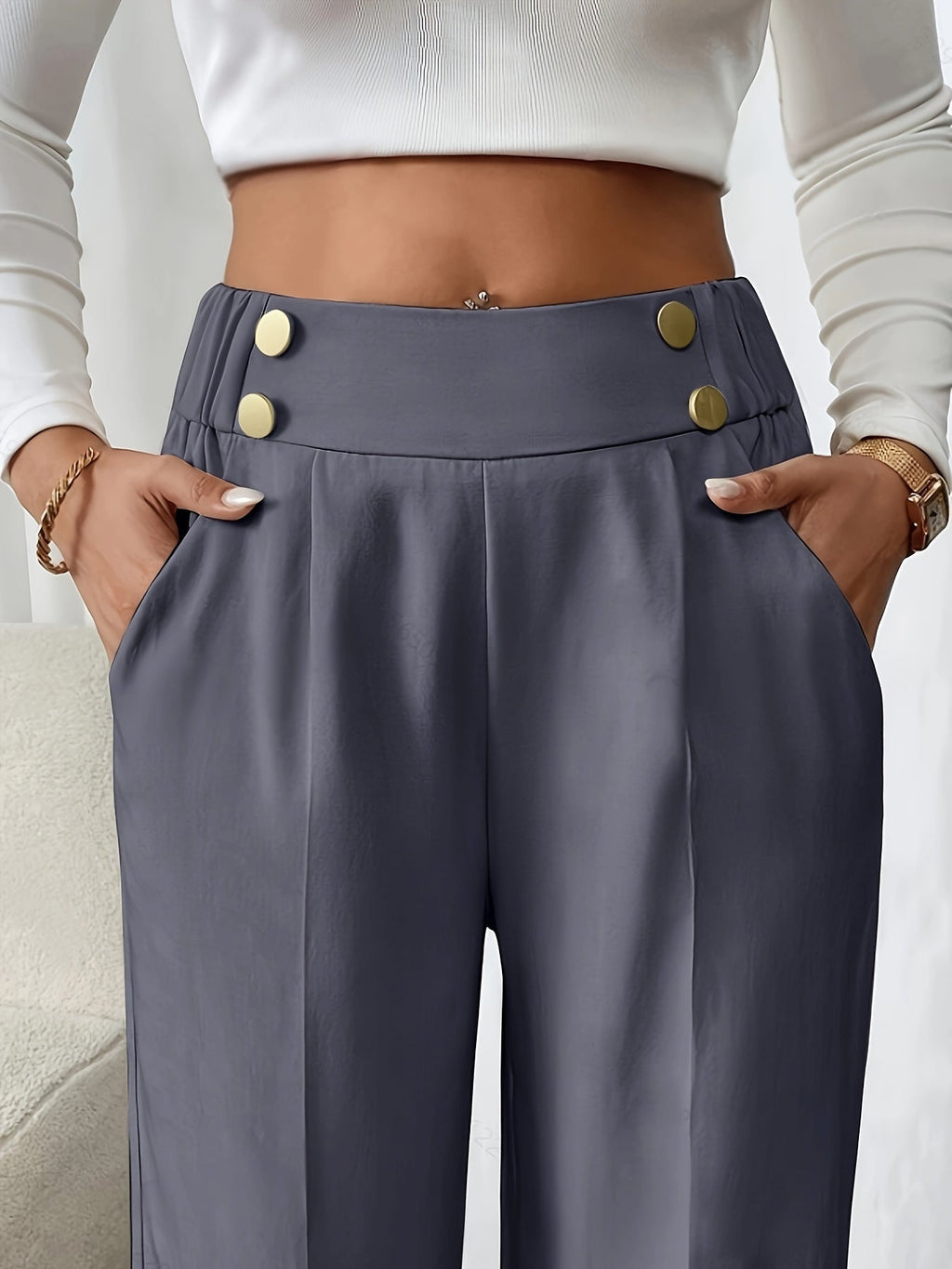 Wide-Leg Trousers with Elastic Waist and Pockets for Women