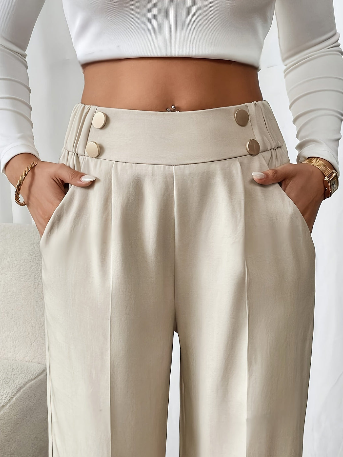 Wide-Leg Trousers with Elastic Waist and Pockets for Women