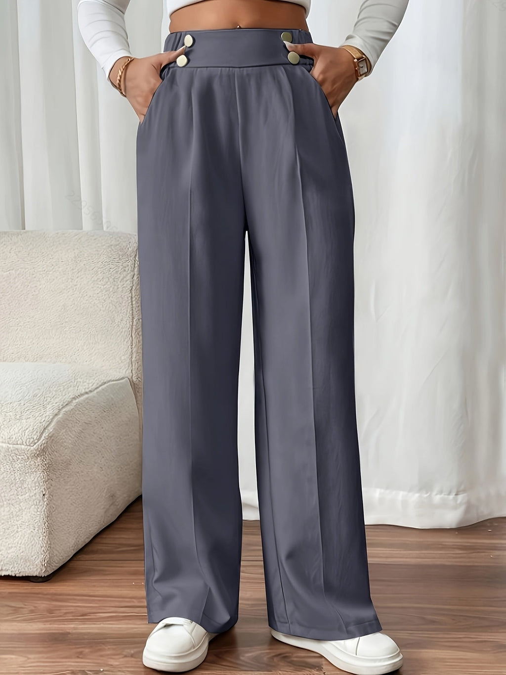 Wide-Leg Trousers with Elastic Waist and Pockets for Women