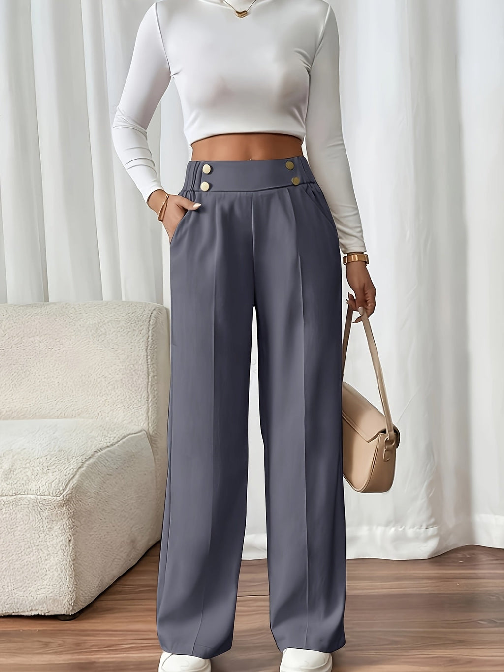 Wide-Leg Trousers with Elastic Waist and Pockets for Women