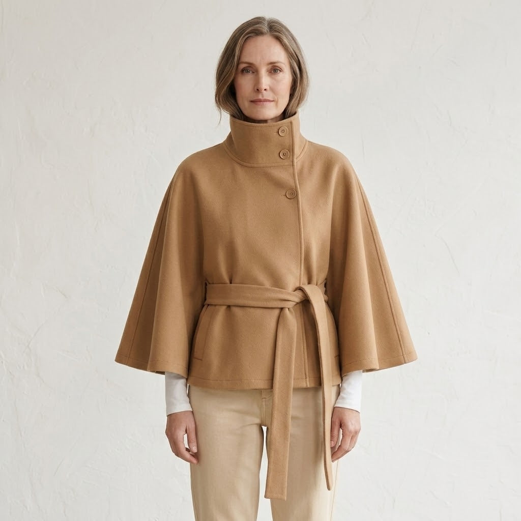 Wide Sleeve Cape Coat with Self-Tie Waist Belt for Women