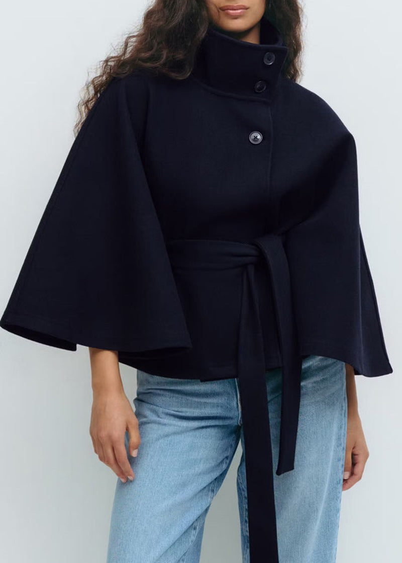 Wide Sleeve Cape Coat with Self-Tie Waist Belt for Women