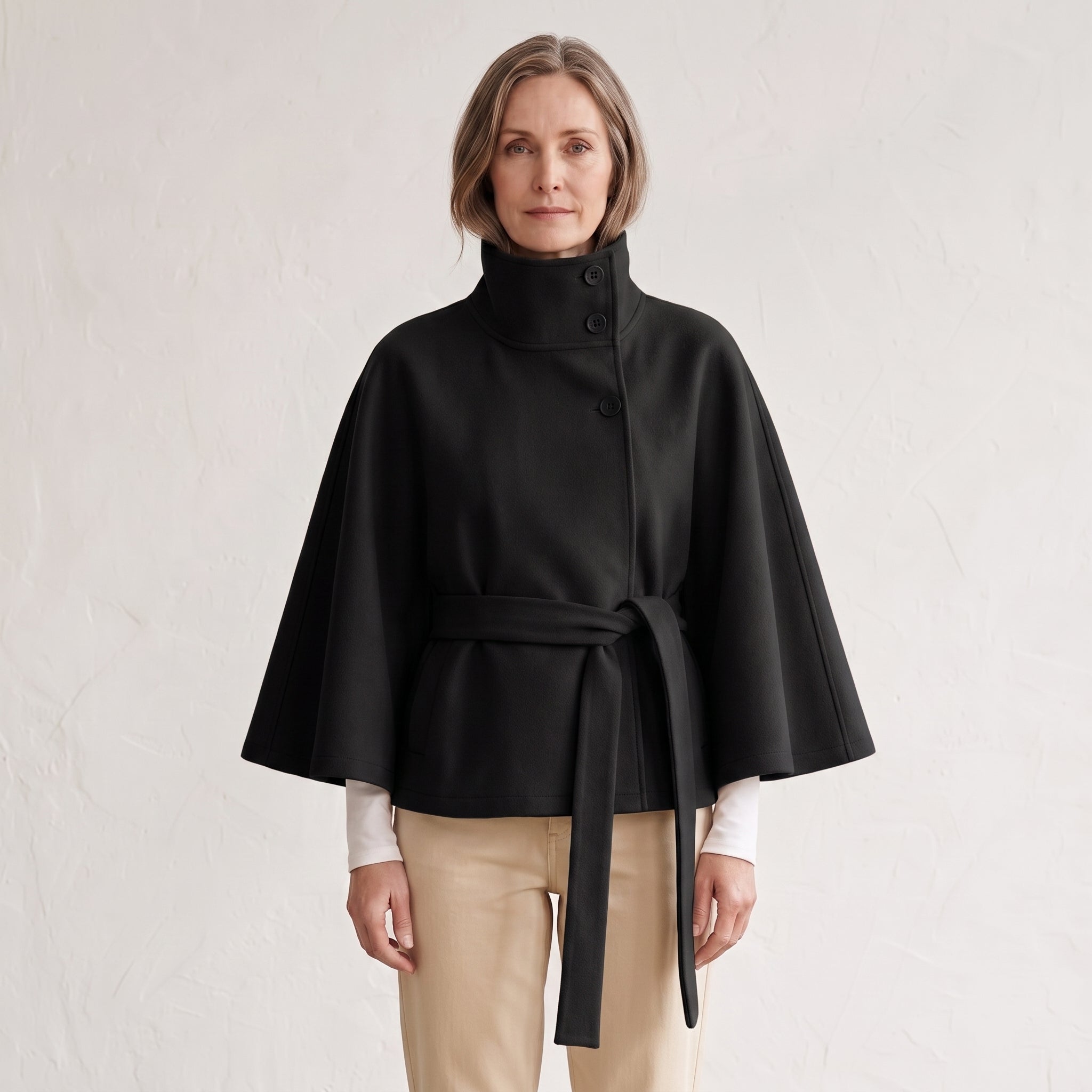 Wide Sleeve Cape Coat with Self-Tie Waist Belt for Women