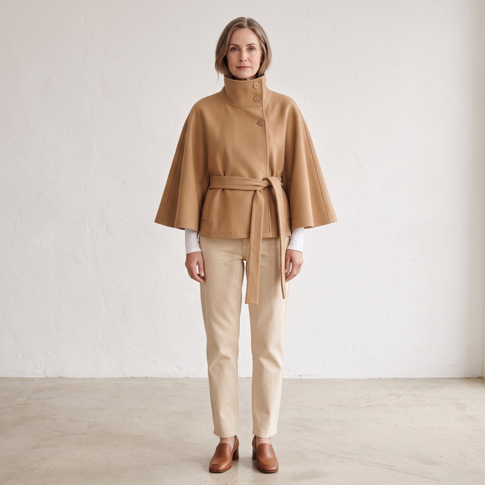 Wide Sleeve Cape Coat with Self-Tie Waist Belt for Women