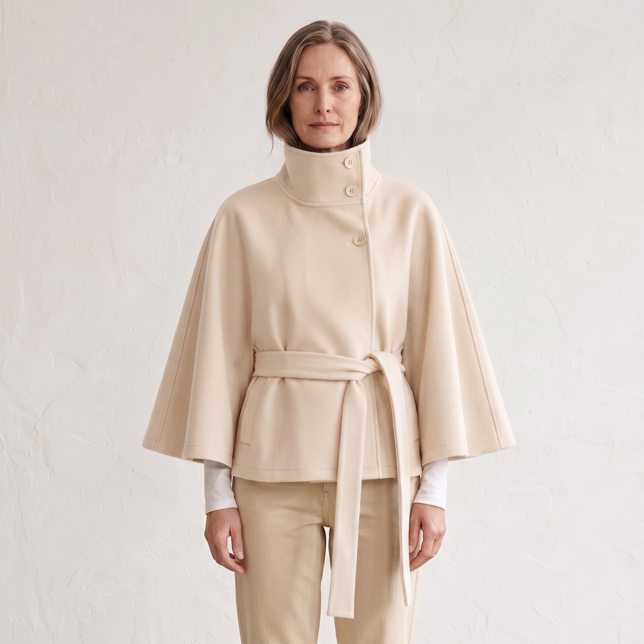 Wide Sleeve Cape Coat with Self-Tie Waist Belt for Women