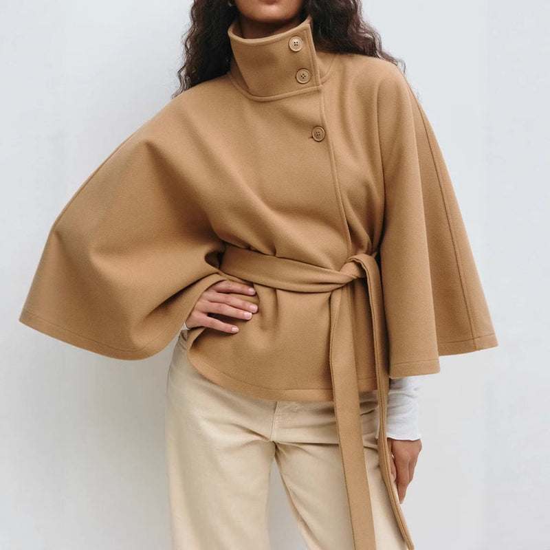 Wide Sleeve Cape Coat with Self-Tie Waist Belt for Women