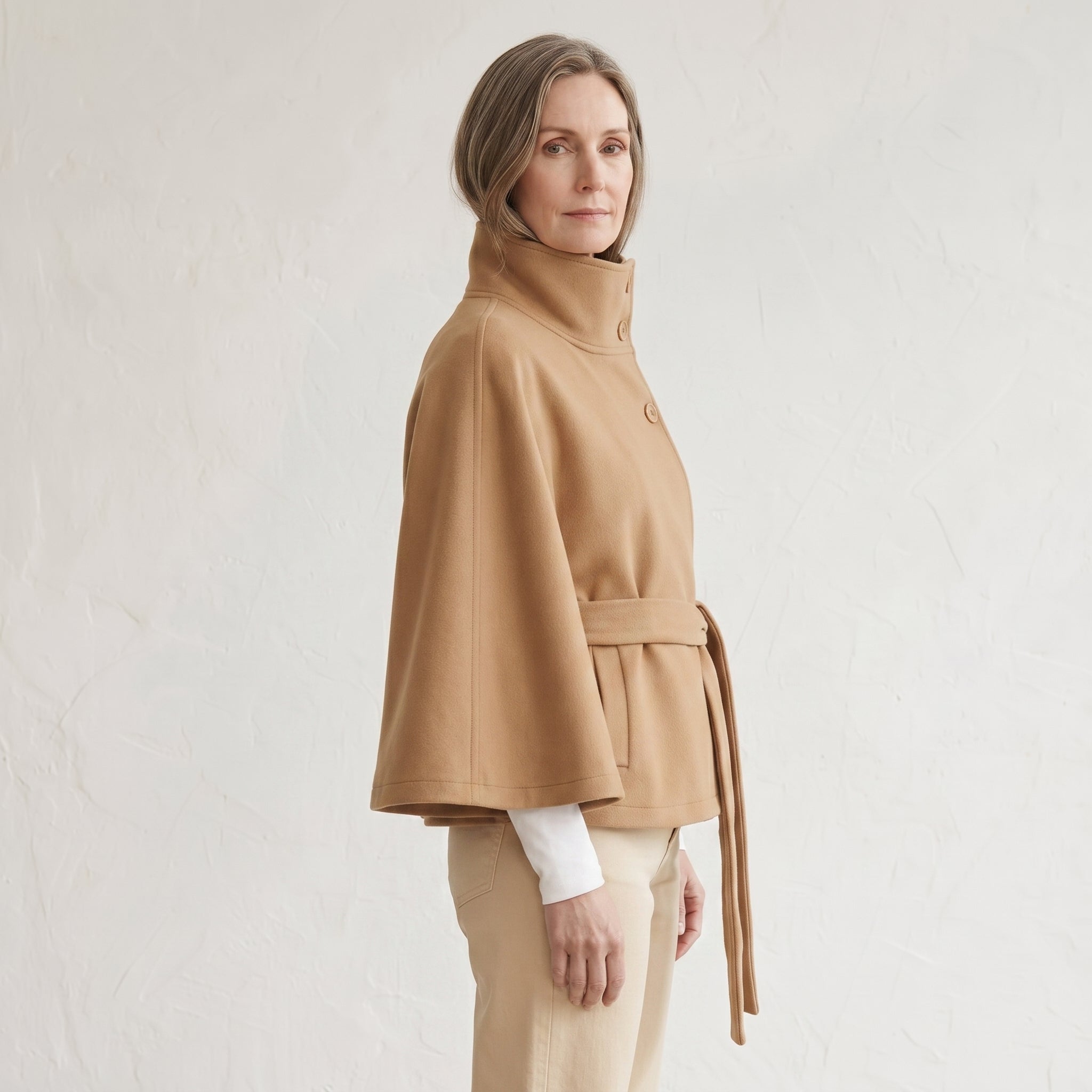 Wide Sleeve Cape Coat with Self-Tie Waist Belt for Women