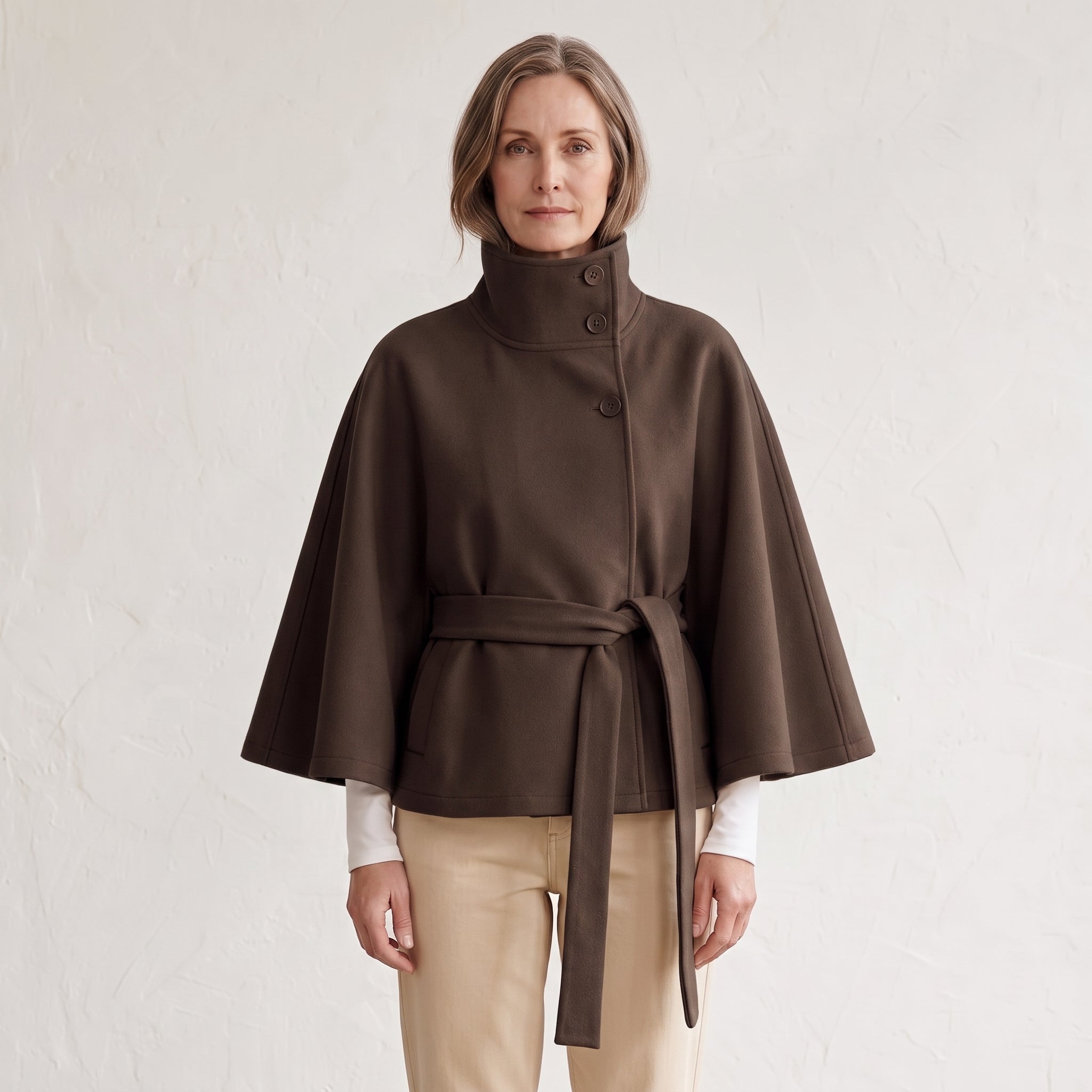Wide Sleeve Cape Coat with Self-Tie Waist Belt for Women