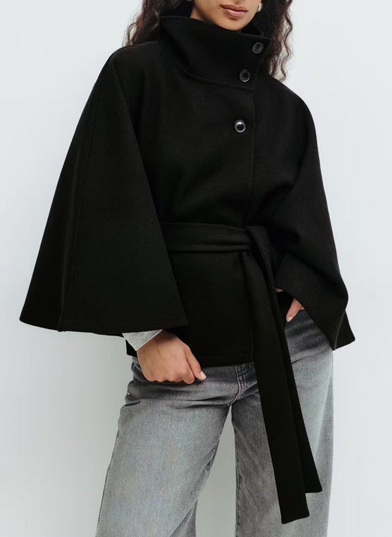 Wide Sleeve Cape Coat with Self-Tie Waist Belt for Women