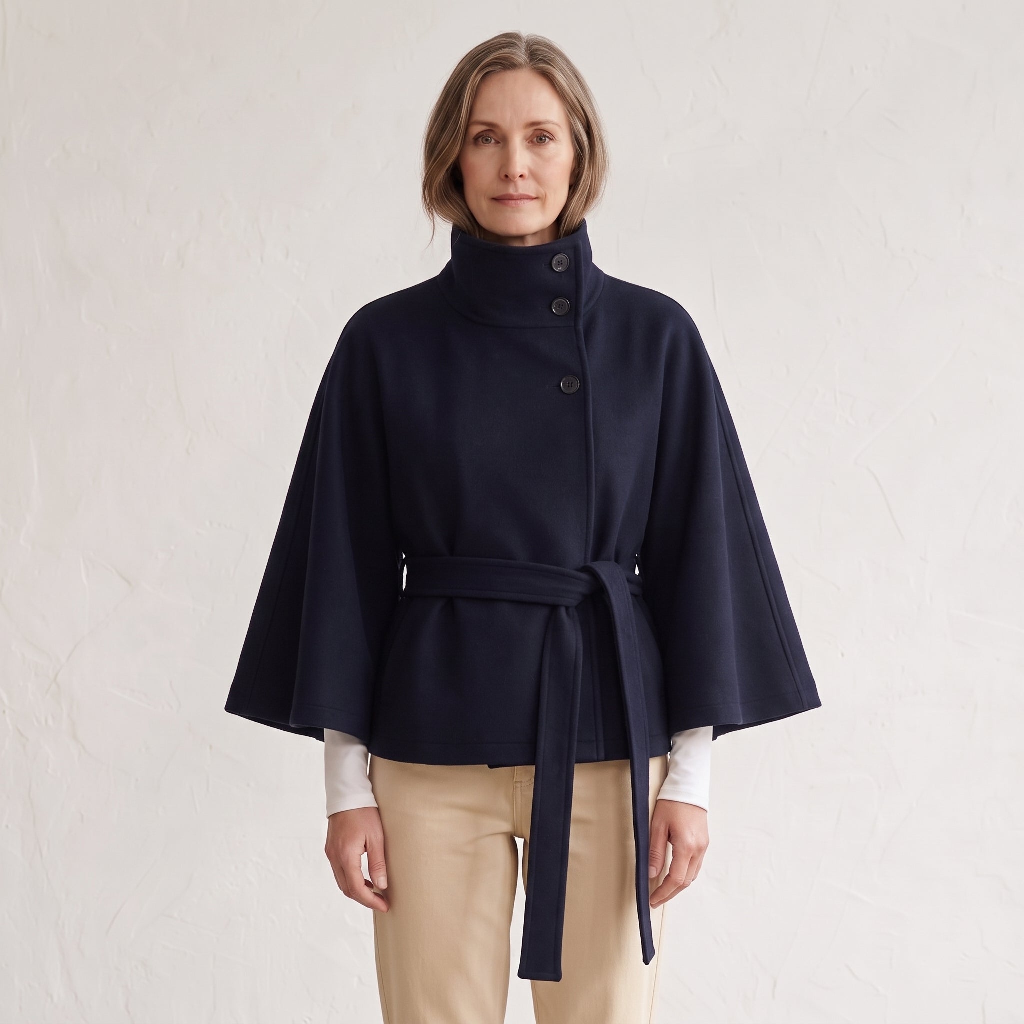Wide Sleeve Cape Coat with Self-Tie Waist Belt for Women