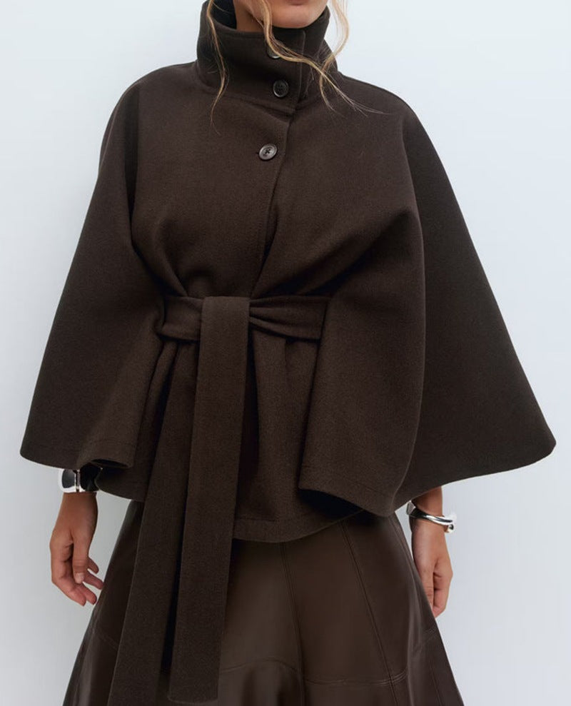 Wide Sleeve Cape Coat with Self-Tie Waist Belt for Women