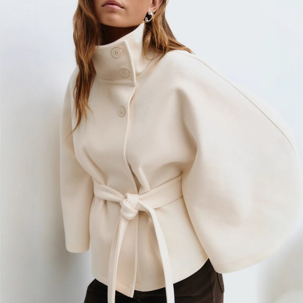 Wide Sleeve Cape Coat with Self-Tie Waist Belt for Women