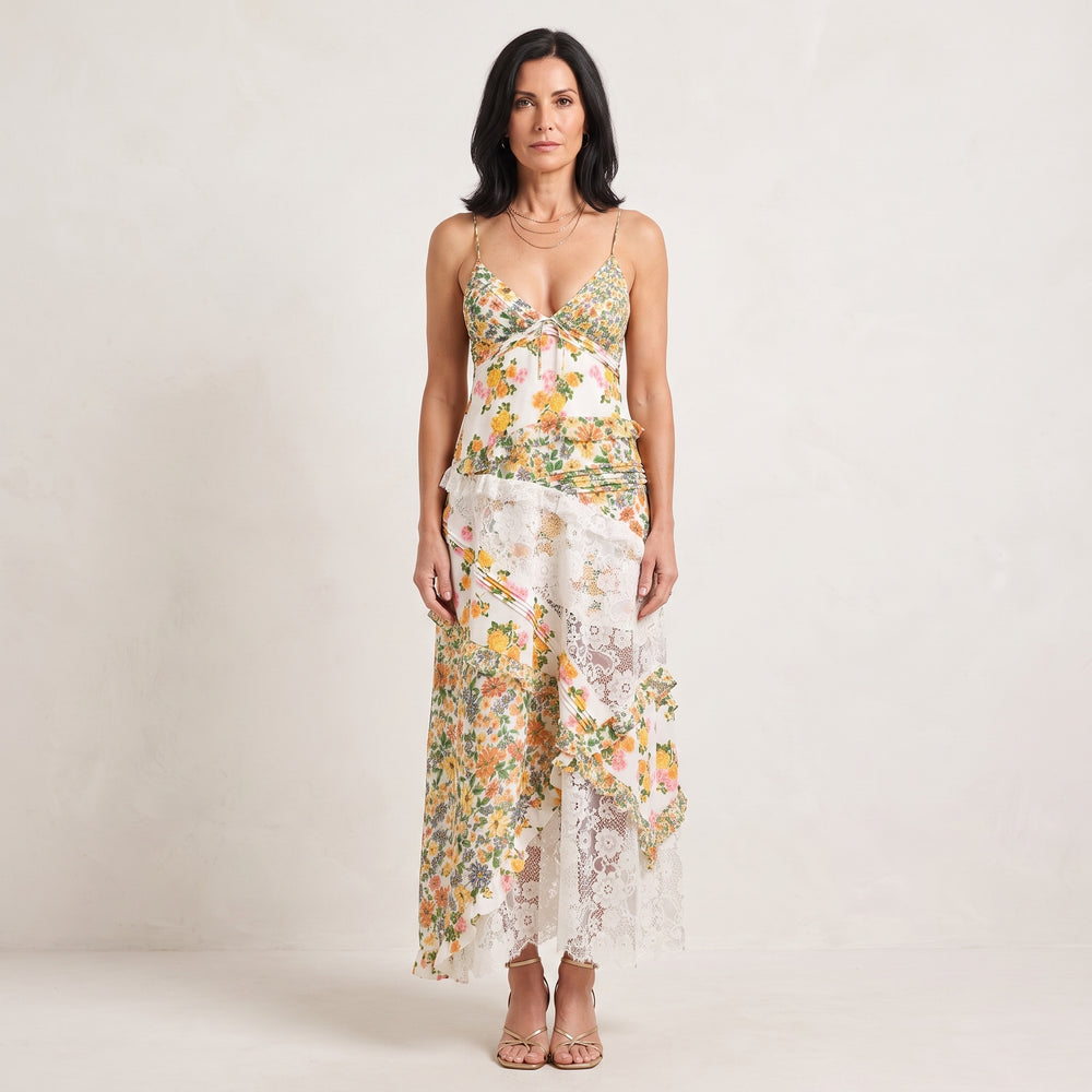 Floral Print Maxi Dress with Lace Panel Detail for Women