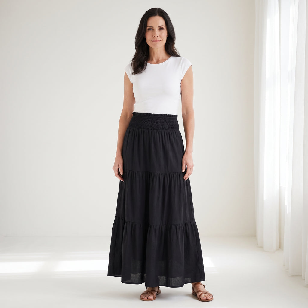 Women’s Maxi Skirt with Smocked Waist and Gathered Panels