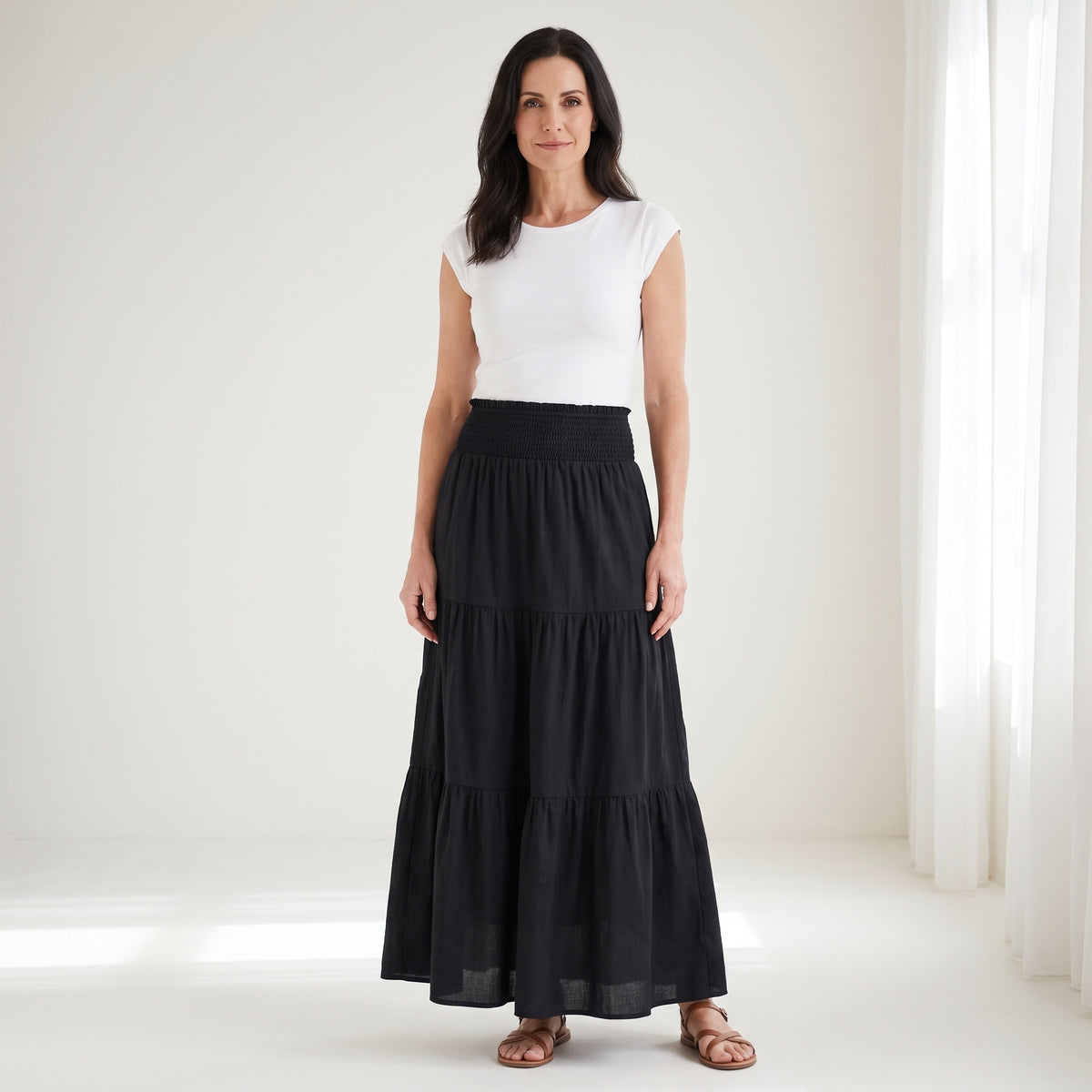 Women’s Maxi Skirt with Smocked Waist and Gathered Panels