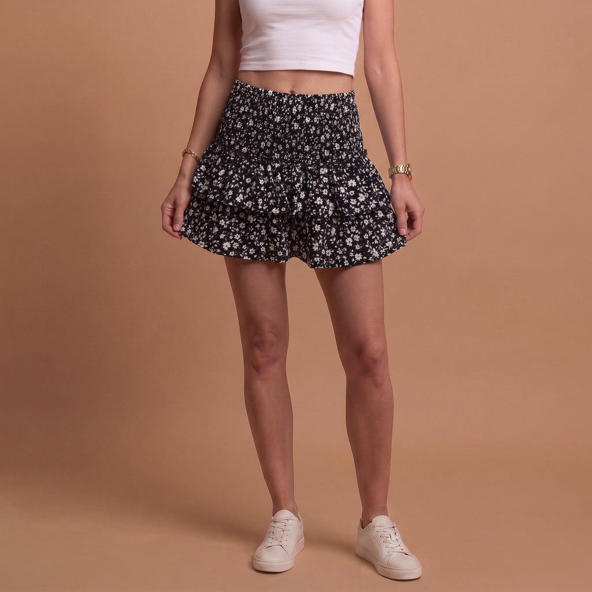 Women's Paisley Print Tiered Ruffle Mini Skirt with Smocked Waist
