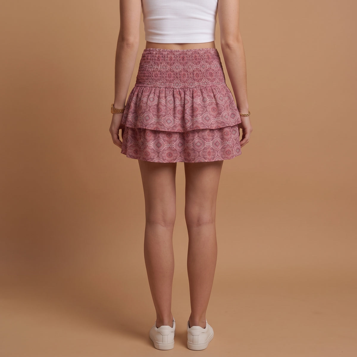 Women's Paisley Print Tiered Ruffle Mini Skirt with Smocked Waist