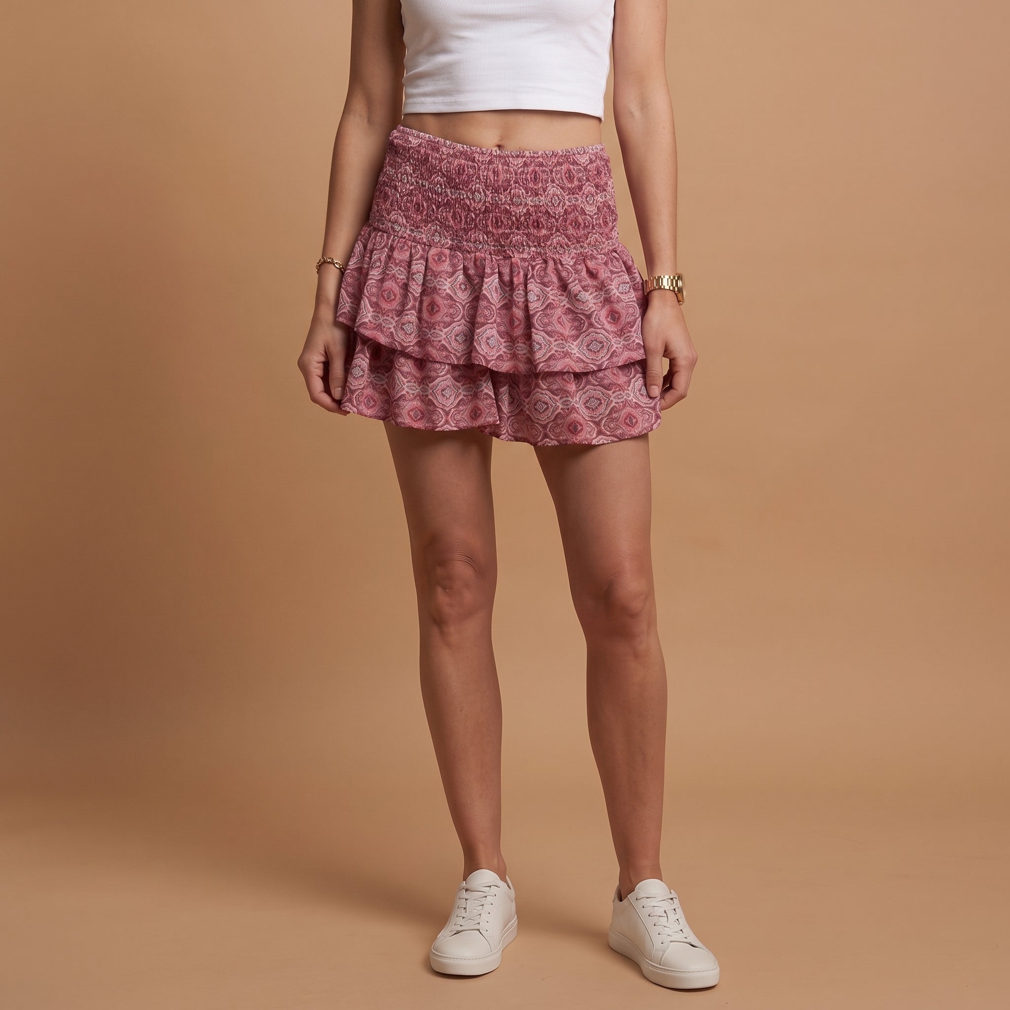 Women's Paisley Print Tiered Ruffle Mini Skirt with Smocked Waist