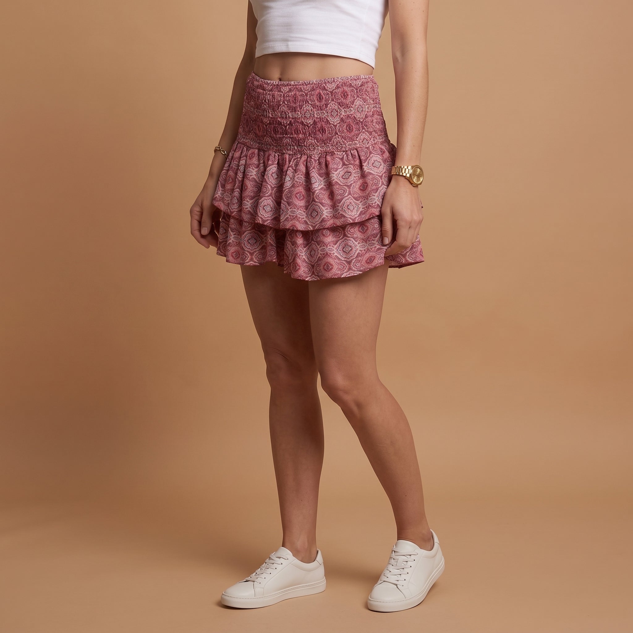 Women's Paisley Print Tiered Ruffle Mini Skirt with Smocked Waist