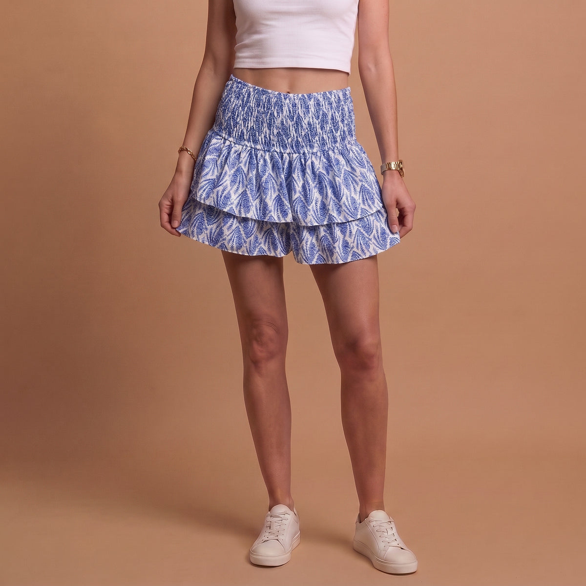 Women's Paisley Print Tiered Ruffle Mini Skirt with Smocked Waist