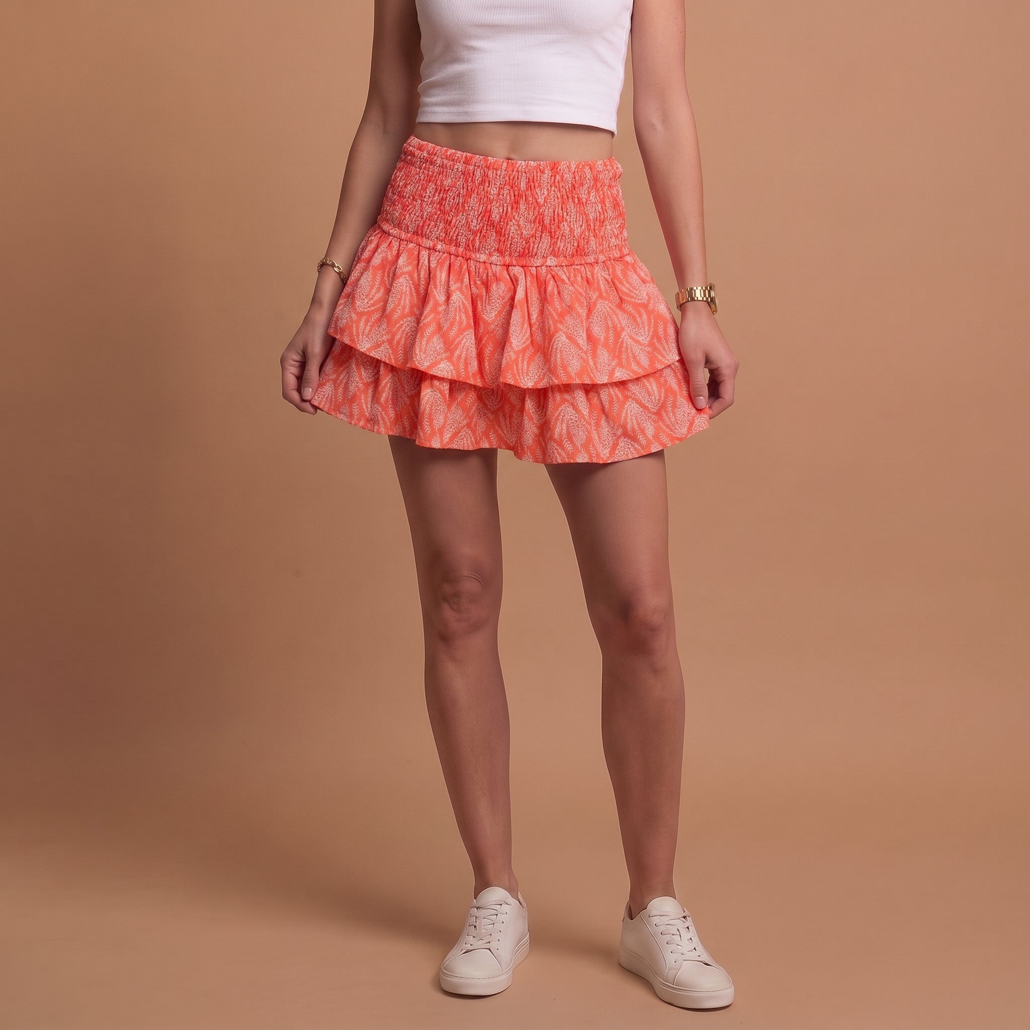 Women's Paisley Print Tiered Ruffle Mini Skirt with Smocked Waist