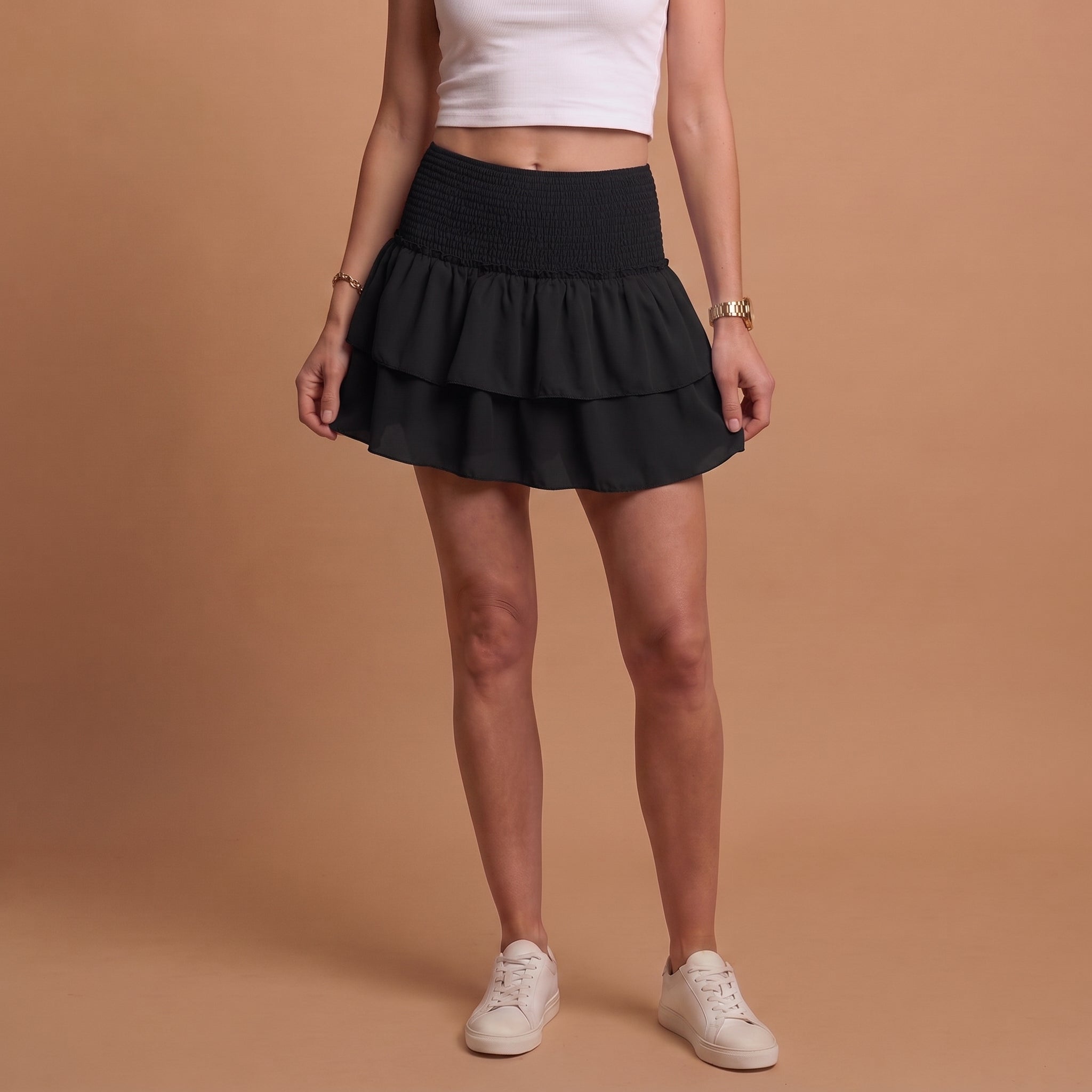 Women's Paisley Print Tiered Ruffle Mini Skirt with Smocked Waist