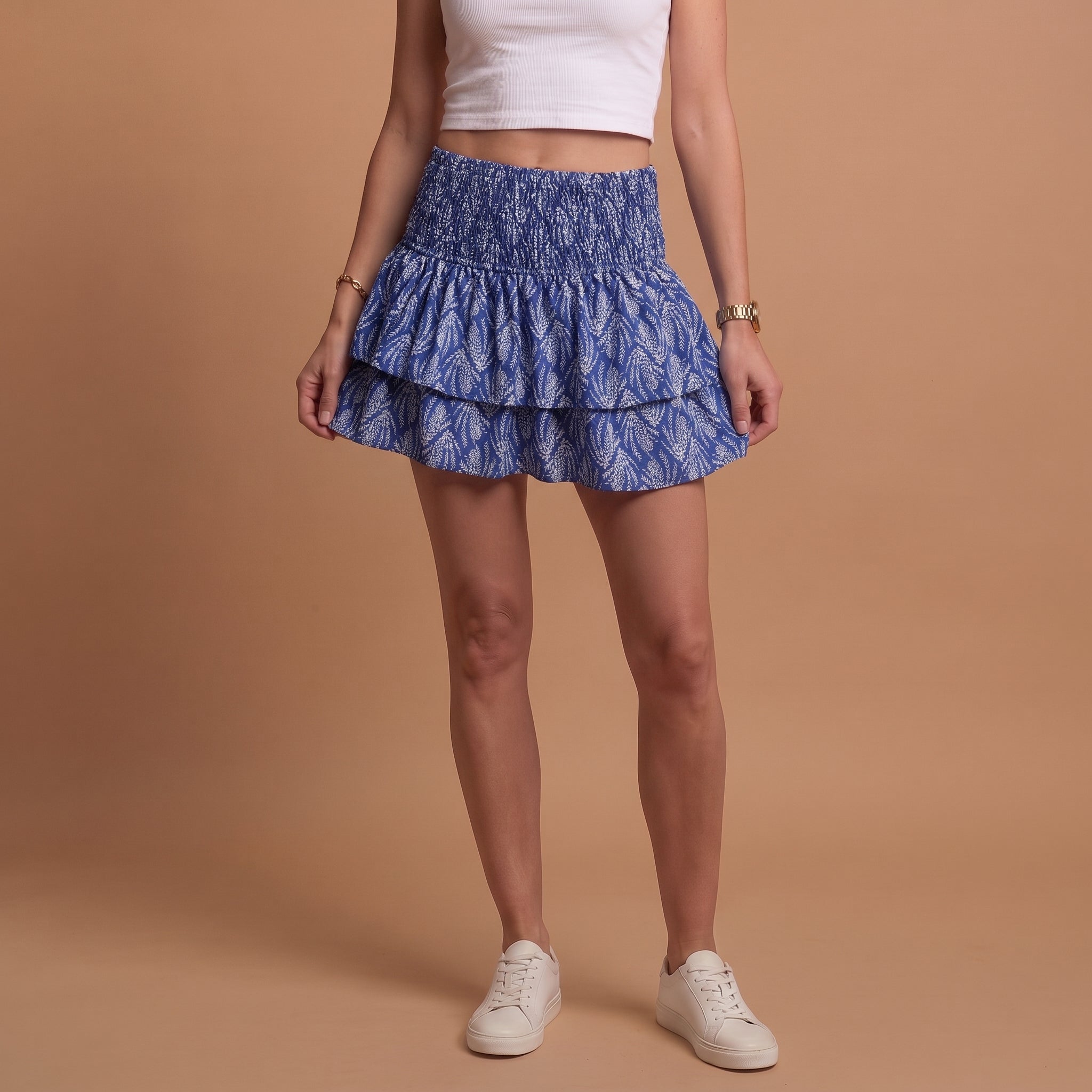 Women's Paisley Print Tiered Ruffle Mini Skirt with Smocked Waist