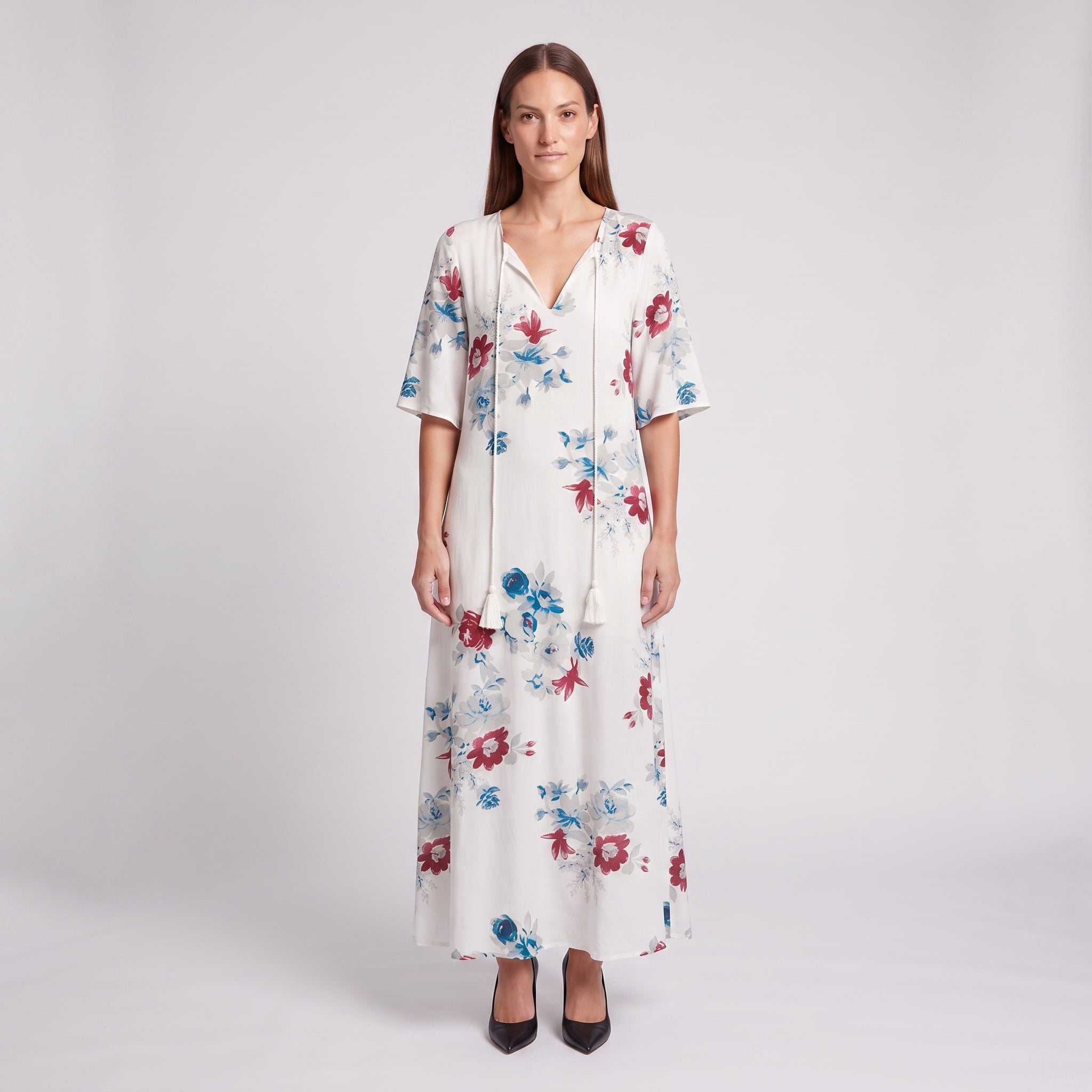 Relaxed Floral Maxi Dress with Tassel Tie V-Neckline for Women