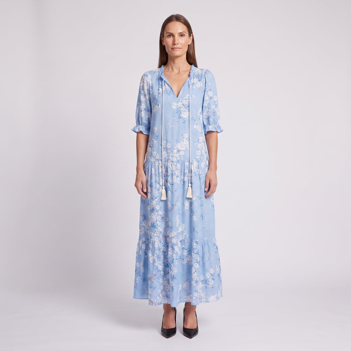 Floral Maxi Dress with Tassel Tie Neckline for Women