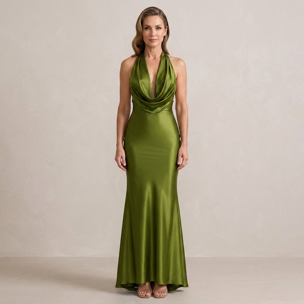 Satin-Finish Halter Maxi Dress with Plunge Neckline for Women