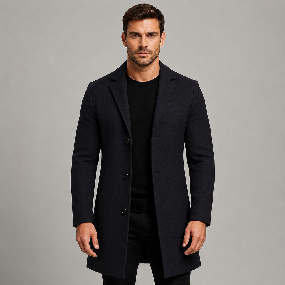 Wool Blend Coat with Notch Lapels and Slim Fit for men
