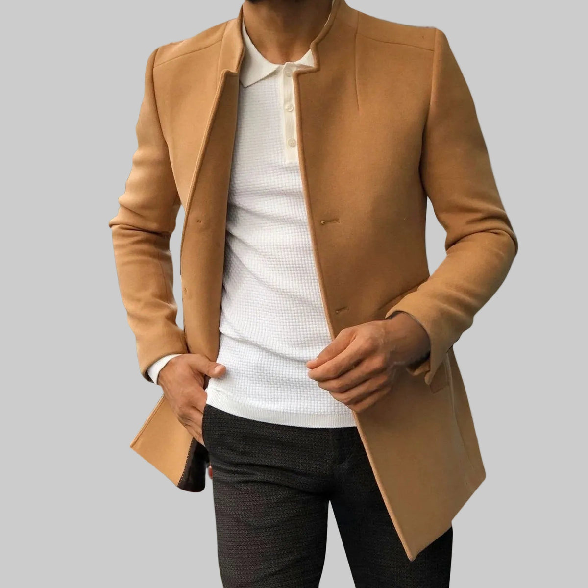 Wool Blend Coat with Stand Collar and Slim Fit for men
