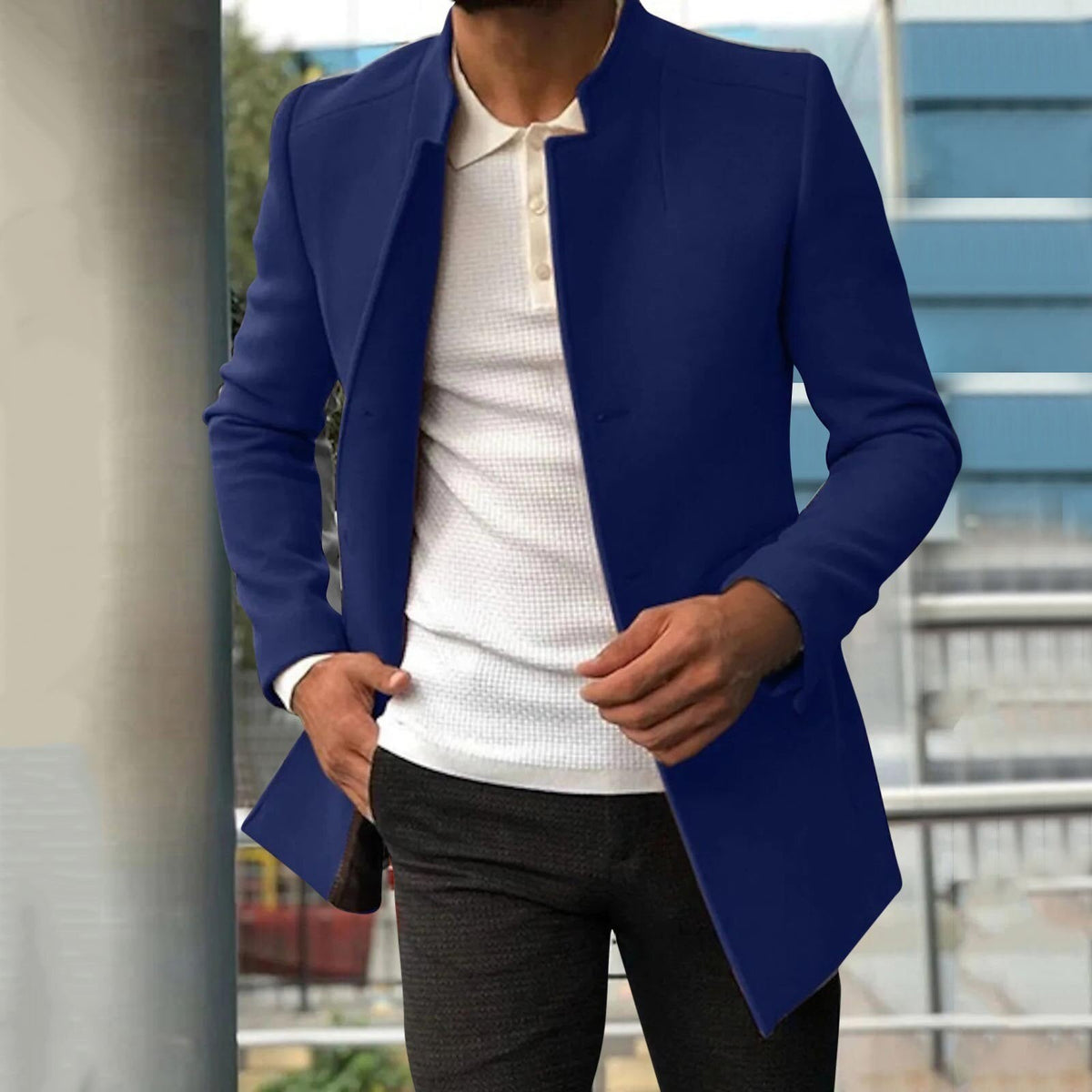 Wool Blend Coat with Stand Collar and Slim Fit for men