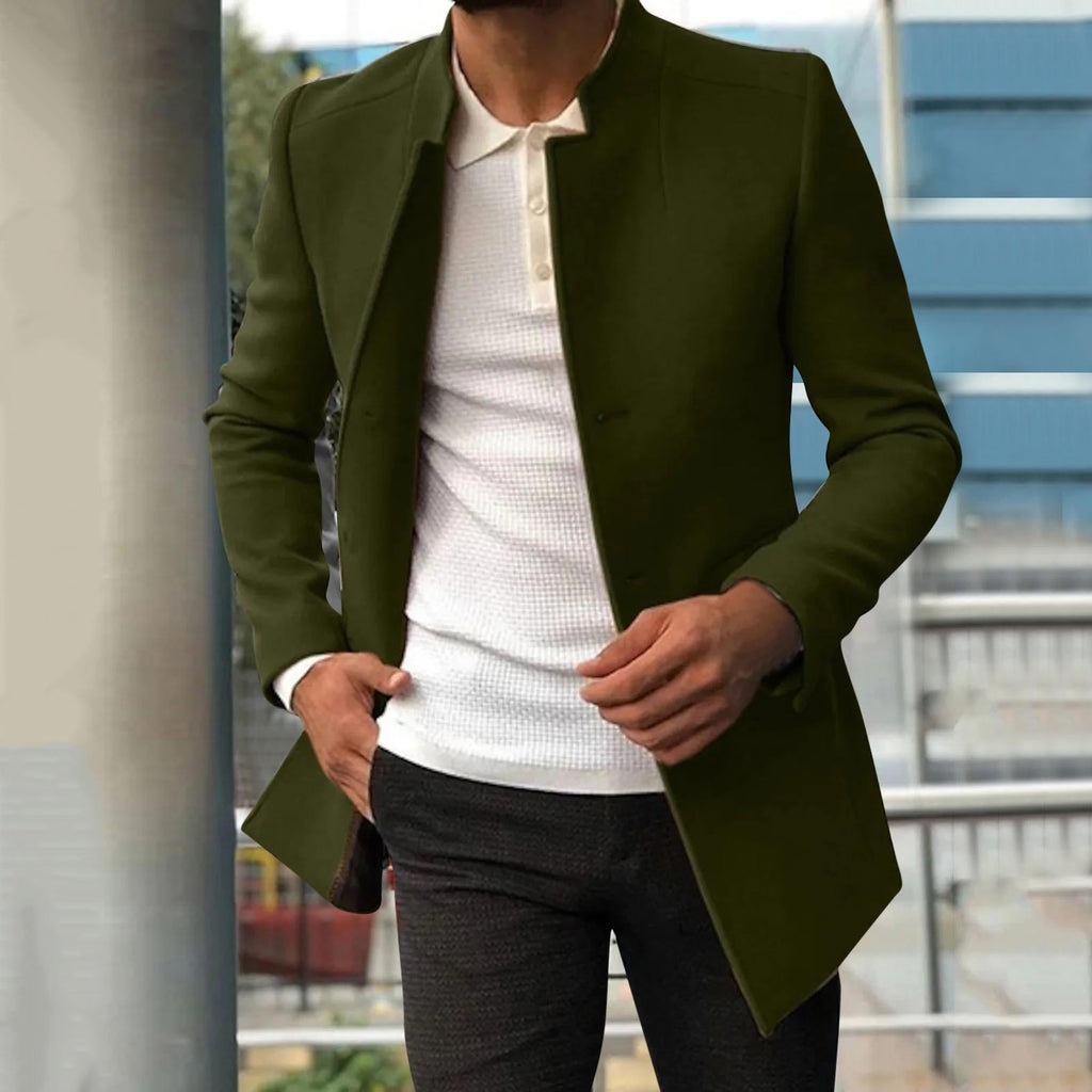Wool Blend Coat with Stand Collar and Slim Fit for men