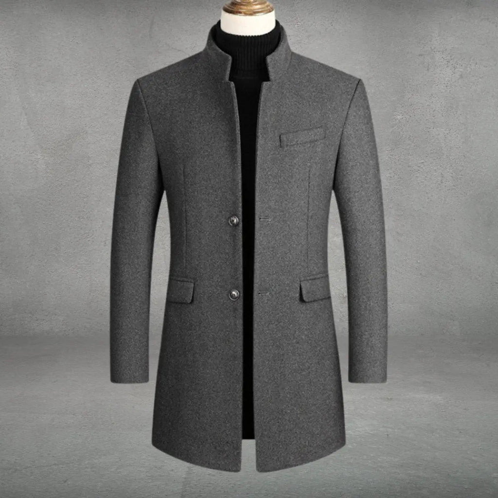 Wool Blend Overcoat with Stand Collar and Pockets for Men