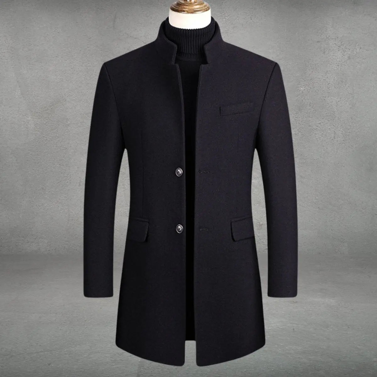 Wool Blend Overcoat with Stand Collar and Pockets for Men