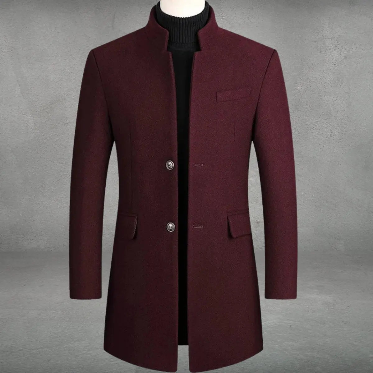 Wool Blend Overcoat with Stand Collar and Pockets for Men