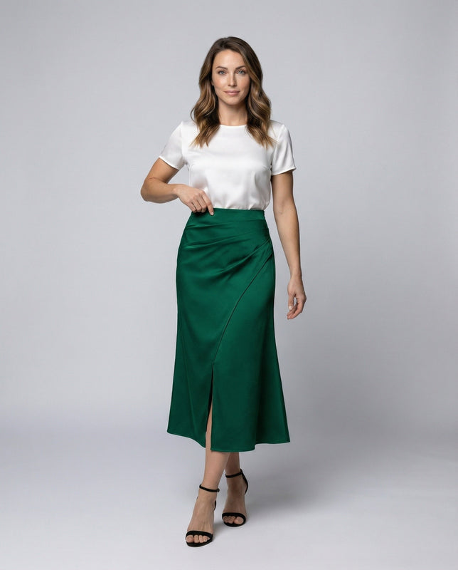 Wrap-Front Midi Skirt with Satin-Style Sheen for Women