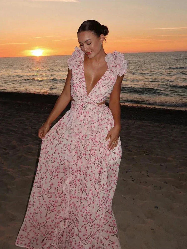 Wrap-Style Maxi Dress with Ruffle Shoulders for Women