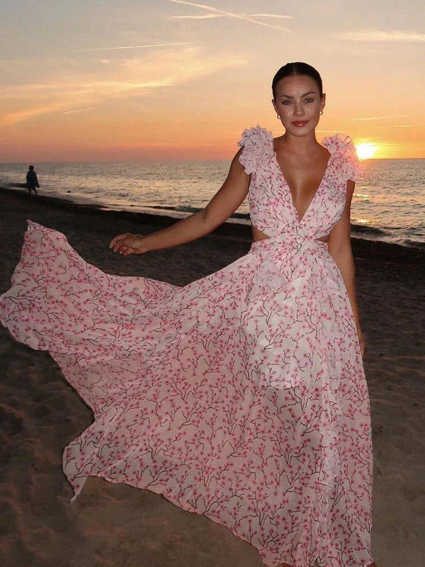 Wrap-Style Maxi Dress with Ruffle Shoulders for Women