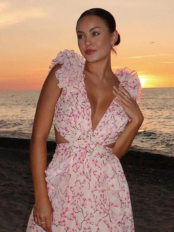 Wrap-Style Maxi Dress with Ruffle Shoulders for Women