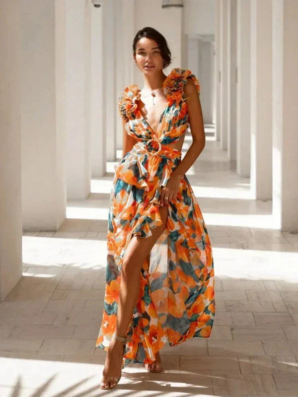Wrap-Style Maxi Dress with Ruffle Shoulders for Women