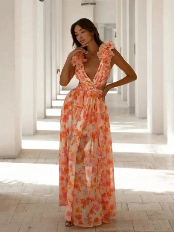 Wrap-Style Maxi Dress with Ruffle Shoulders for Women