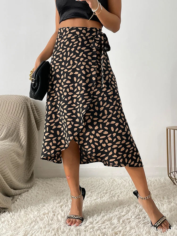Wrap-Style Midi Skirt with Side Tie Waist for Women